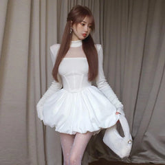 Chic Patchwork Solid Half High Collar Puffy Dress