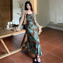 Chic Vintage Floral Maxi Dress with Ruffled Cardigan Set