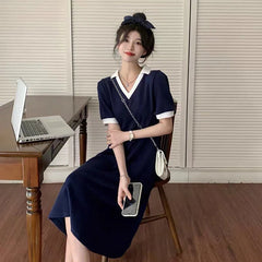 Chic Women's V-Neck A-Line Summer Dress with Patchwork