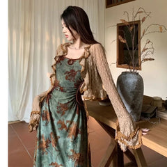 Chic Vintage Floral Maxi Dress with Ruffled Cardigan Set
