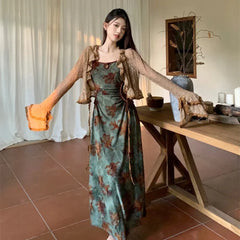 Chic Vintage Floral Maxi Dress with Ruffled Cardigan Set