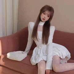 Chic Patchwork Solid Half High Collar Puffy Dress