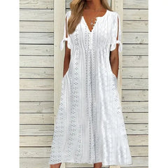 Chic Hollow Out V-Neck Lace Ruffle Long Summer Dress