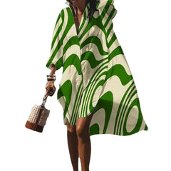 Chic Autumn Printed Lapel Long Sleeve Dress for Women