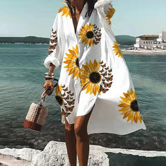 Chic Autumn Printed Lapel Long Sleeve Dress for Women