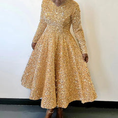 Chic High Waist Sequin Long Sleeve Autumn Dress