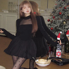 Chic Patchwork Solid Half High Collar Puffy Dress