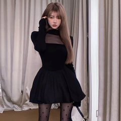 Chic Patchwork Solid Half High Collar Puffy Dress
