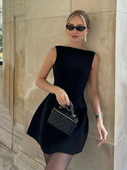 Chic Backless Solid Mini Dress for Women - Sleeveless A-Line Style