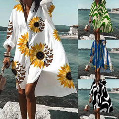 Chic Autumn Printed Lapel Long Sleeve Dress for Women