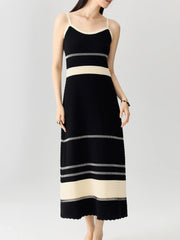 Chic Women's Black Stripe Knit Long Dress