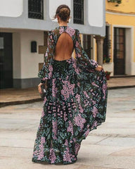 Haleigh - Vintage Floral Backless Maxi Dress